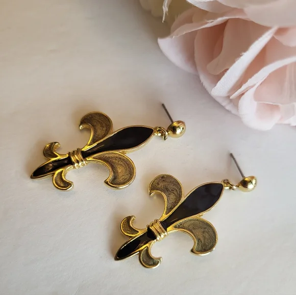 Fleur De Lis Drop Earrings Black Gold Enamel Mardi Gras Saints Fan Jewelry 2" - Picture 5 of 11